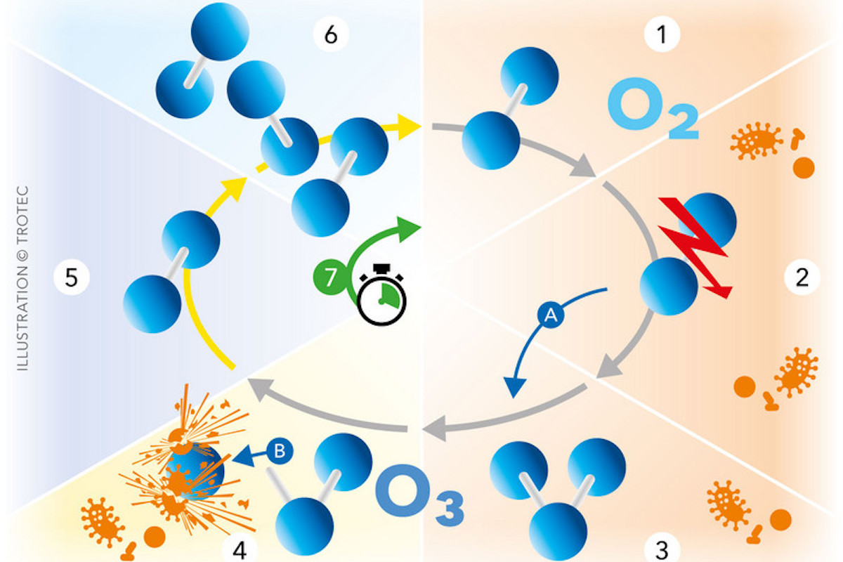L'ossigeno puro (1) tramite scariche elettriche (2) viene trasformato in ozono instabile (3), questo reagisce con batteri e funghi distruggendoli (4) ritornando dopo poco tempo semplice ossigeno (5-6-7)